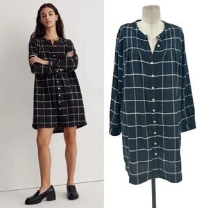 Madewell Collarless Shirtdress in Windowpane True Black Size Medium